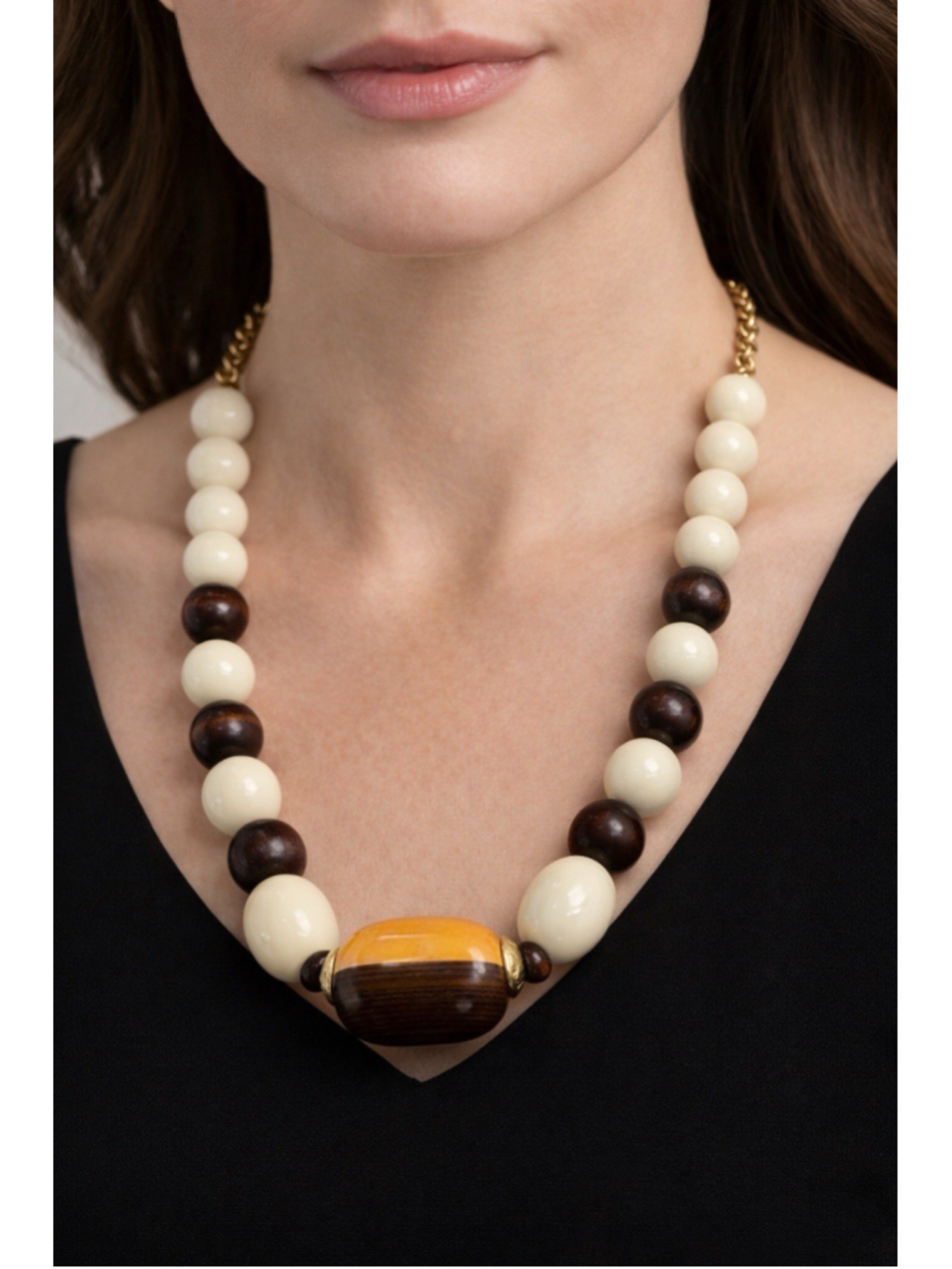 Kenneth Lane 23” Vintage Beaded Statement Necklace Cream Brown Gold Tone - Picture 2 of 3